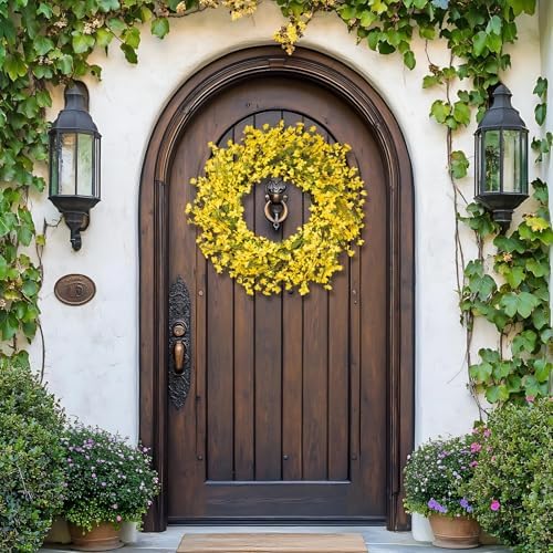 24 Inch Spring Wreath for Front Door, Artificial Yellow Forsythia Flower Grapevine Wreath for All Seasons - Farmhouse Indoor Outdoor Decor for Porch, Wall, Easter & Summer - Image 5
