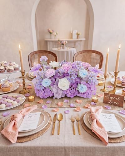 18inch Aisle Flower Garland Centerpieces, Artificial Flowers Purple & White Rose with Hydrangea, Floral Runner for Wedding Arch, Backdrop, Reception Table Decor, Ceremony Pathway - Image 4