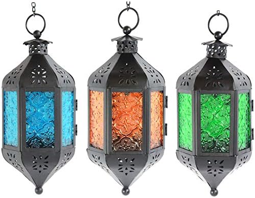 Vela Lanterns Hanging Moroccan Lamp - Exotic Decorative Patio & Porch Decor, Indoor Outdoor Tea Light Candle Lantern Holder with Chain (11" Medium, Blue/Green/Amber Glass, 3-Pack) by VelaCandleLanterns