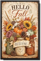 Decorative Tin Sign Vintage Metal Tin Sign Hello Fall Sunflowers Pumpkins Mason Jars Autumn Welcome Wall Decor for Farmhouse Kitchen Entryway 12×16 Inches with Metal Frame by Unknown