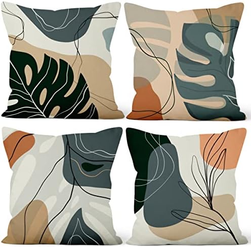 Abstract Leaves Throw Pillow Covers 24''x24'' Set of 4, Geometric Pattern Cushion Covers Minimalist Tropical Palm Trees Pillowcases for Couch Sofa Bedroom Farmhouse Livingroom Garden Patio by VieSavaran