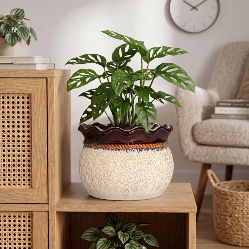Ceramic Flower Pots, 10 Inch Ceramic Planter, Beige-Brown - Image 3