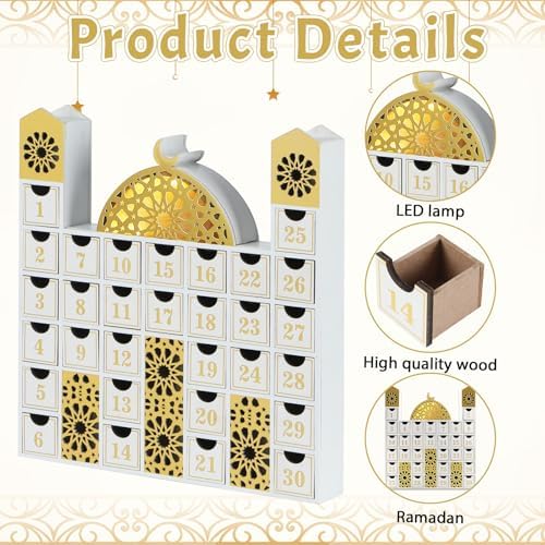 gisgfim Ramadan Wooden Countdown Calendar Eid Mubarak Decorations Mosque Advent Calendar with Drawers Eid Mubarak Countdown Til Eid Gift Ramadan Wooden Craftwork for Kids Ramadan Party Decorations - Image 3