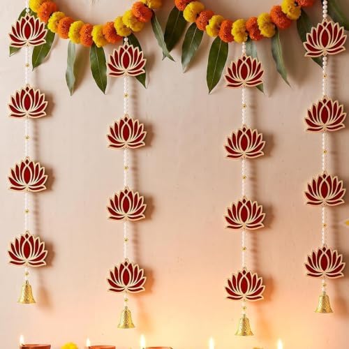 Wonderjune 4 Pcs Diwali Lotus Garland Wooden Hanging Decor for Pooja,Wall by Wonderjune