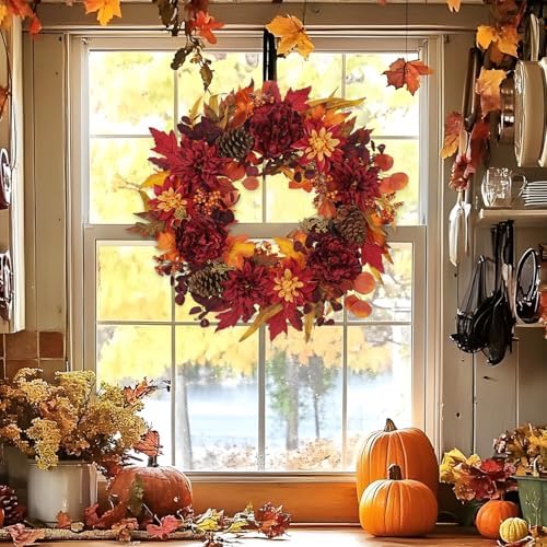 24" Artificial Fall Floral Wreath for Front Door Autumn Wreath with Peony Dahlia Pine Cones for Halloween Thanksgiving Farmhouse Window Wall Décor - Image 4