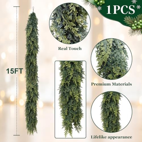 15FT Christmas Cedar Garland, Realistic Artificial Pine Greenery Garland with Flexible Wired Branches, Faux Holiday Garland for Mantle, Fireplace, Staircase, Table, Door, Indoor Outdoor Winter Decor - Image 2