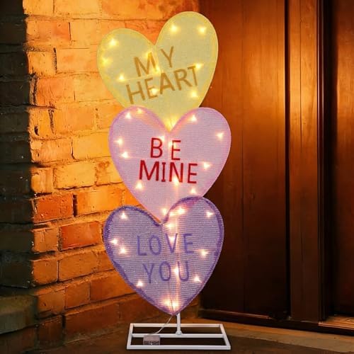 VIHOSE Valentine's Day Heart Lights 41 Inch H Pre-lit Lighted Heart Decor with 50 Warm White Lights Valentine's Day Conversation Candy Hearts Decoration for Indoor Outdoor Porch Garden Lawn (Vivid) - Image 5