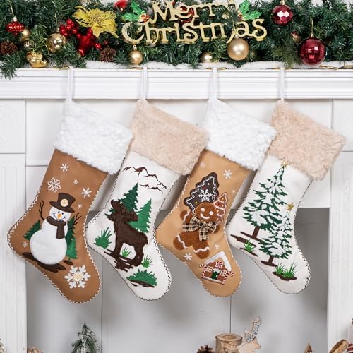 LUBOT 4 Pack Christmas Stockings Set of 4 Large Family Xmas Stocking Leather Embroidered 20" Modern Rustic Farmhouse Country Fireplace Hanging Holiday Decor by LUBOT