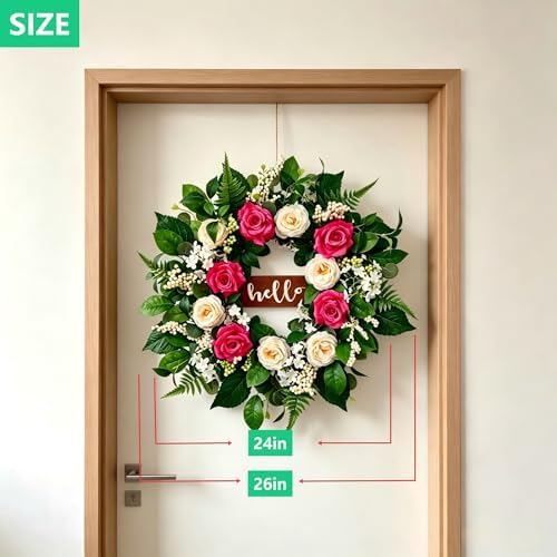 Artificial Spring Summer Wreath, 24 Inch Floral Wreath for Front Door - Greenery Wreath with Flowers and Green Leaves, Farmhouse All Season Home Decor for Indoor Outdoor Wall Porch Window - Image 5