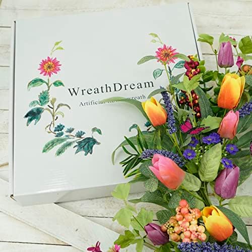 WreathDream 22 inch Spring Summer Wreath Tulip Wreath for Front Door with Purple Tassels, Eucalyptus Leaves, Ferns, Butterflies for Indoor Outdoor wall Festival Home Farmhouse Wedding Decor - Image 5