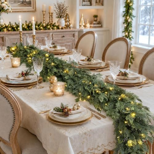 Pre-Lit Christmas Garland 9FT Decorations Real Touch Cedar Cypress Pine Greenery Artificial Green Christmas Garland with Lights for Mantle, Fireplace, Table, Stairs, Door, Indoor Outdoor Decorations - Image 2