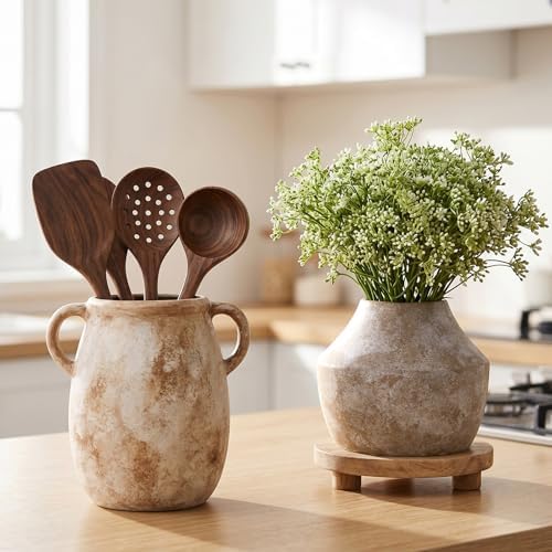 Ceramic Flower Vase with Handles, 7.9in Farmhouse Table Rustic Vases, Waterproof Pottery Clay, Flower Terracotta Vases for Home Decor, Living Room,Table, Handcrafted (Terracotta) - Image 5
