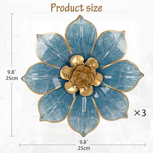 Villa Como Set of 3 Blue and Gold Metal Flowers Wall Art Decor 10" - Image 2