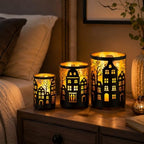 TRIROCKS Village Silhouette Candle Lantern 7.5" H Etched Bronze Metal Candle Holder Decorations for Living Room Tabletop Parties Patio Entryway Indoors Outdoors(3PCS) - Image 2