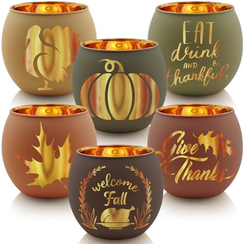 SHMILMH Thanksgiving Votive Candle Holder Set of 12, Glass Tealight Votives Holder with 6 Laser Engraving Patterns, Fall Table Centerpiece Indoor Outdoor Decor by SHMILMH