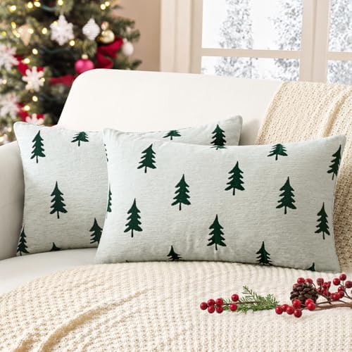 MIULEE Christmas Decorative Chenille Throw Pillow Covers, 12x20 Inch, White Dark Green Tree, Set of 2 Cute Trees with Plaid Patterns Pillows for Sofa Couch Bedroom Chair Xmas Home Decor by MIULEE