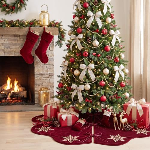 Hollowfly Burgundy Velvet Christmas Tree Skirt with Sequin Snowflake 48'' - Image 6