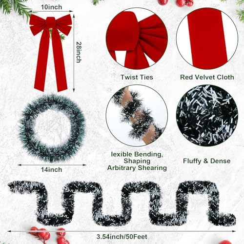 Riceshoot 50 Feet Christmas Garland with Lights 8 Red Bows Outdoor Fence - Image 2
