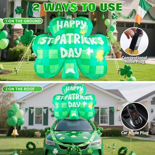 St Patricks Day Inflatables Outdoor Decorations, 5.2 FT Long Blow Up St. Patrick’s Day Lucky Shamrock Car Decoration, Built-in LED Lights Patrick Holiday Decor for Roof Outside Yard Lawn Garden - Image 3