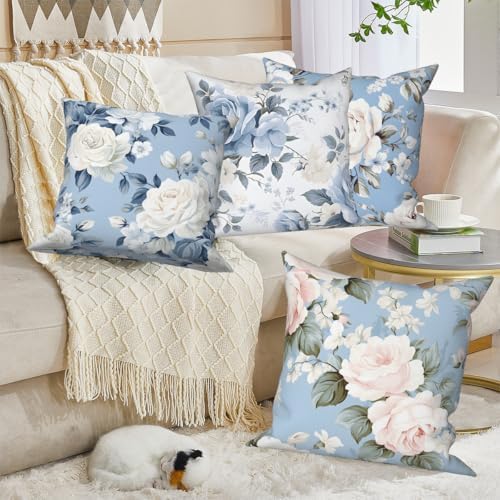 4 Pcs/Set Rose Flowers Pillow Covers Summer Floral Green Leaves Flowering Shrub Plants Natural Scenery Colorful Watercolor Linen Cushion Case for Outdoor Couch Sofa Bedroom, 24"x24" - Image 6