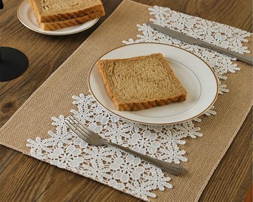 Natural Jute Placemats Set of 6 with Floral Lace, Burlap Table Mats - Image 6
