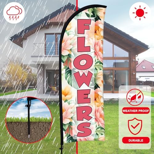 Buryeah 5 Sets Flower Banner Sign Kit Including 1 Flower Feather Flag 4 Double Sided Arrows Signs with Metal Stakes for Outside, Business Advertising, Directional Signage(Pink) - Image 6