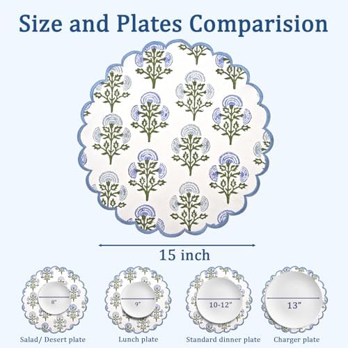 Ridhi Floral Block Print Round Placemats 15" in, Set of 4, Mughal Buta Blue - Image 3