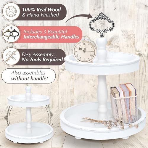 2 Tiered Tray Stand [Includes 3 Changeable Handles] - Rustic Cupcake Stand, Coffee Table Tiered Serving Tray for Kitchen Counter, Stunning Rustic Home Decor, Display Fruits, Plants, Candles (White) - Image 4