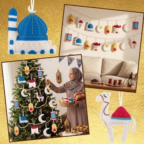 HunnmingRe 16 Pcs Ramadan Tree Ornaments 3D Felt Eid Mubarak Hanging Ornaments Ramadan Islamic Moon Star Castle Lantern Decorations for Holiday Party Door Home Wall Mantel Arts Crafts Gifts - Image 4