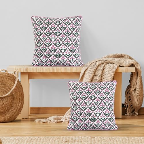 Ridhi Block Print Pink and White Pillow Cover 20" x 20" (Pack of 2) Decorative Couch Pillows for Living Room, Chic Boho Cute Outdoor Pillows Covers Gifts for Spring, Easter and Valentine - Image 2