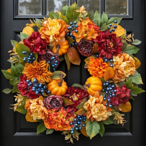 24 Inch Artificial Fall Wreaths for Front Door with Hydrangea Peony Pumpkin by NaturaWre
