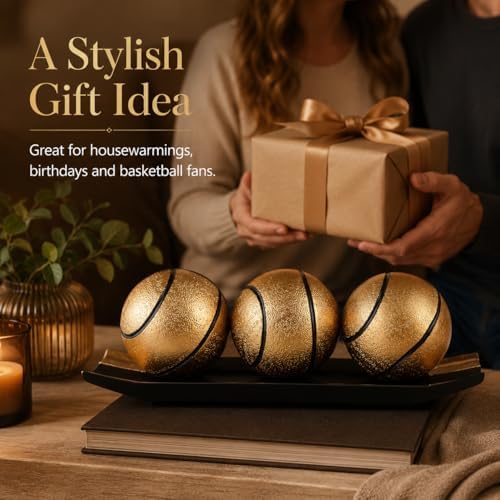 Decorative Black Gold Balls for Home Decor,3 Resin Orbs with Display Tray,Inspired Sphere Centerpiece for Coffee Table Dining Table Shelf Mantel Entryway Console Office,Basketball Decor Gift for Men - Image 6