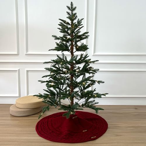 36-Inch Cable Sweater Knit Christmas Tree Skirt with Wooden Toggles, Burgundy - Image 6