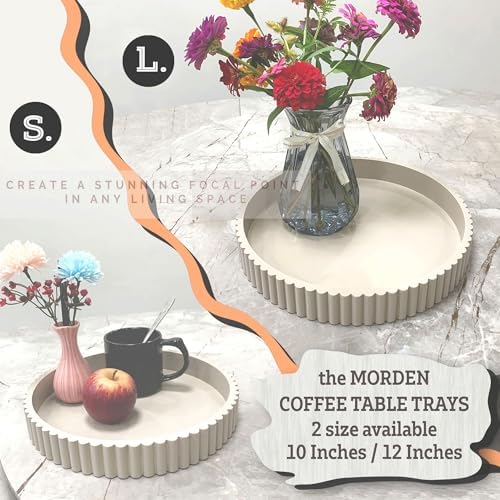 Modern Table Round Decorative Trays 2pcs Home Decor - Circle Coffee Table Centerpiece Set 12"/10" - Wooden Warm Grey Ottoman Tray with Fluted Edge - Image 5
