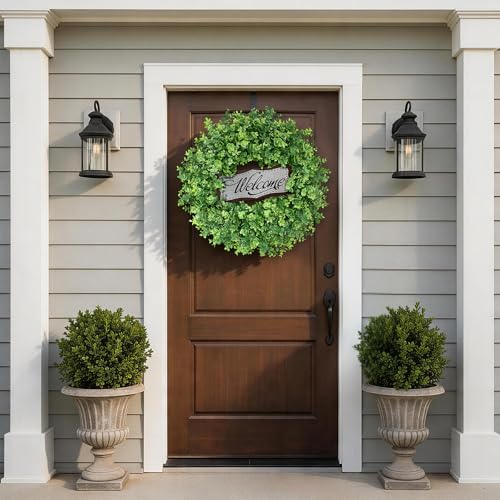 26" Artificial Eucalyptus Wreath with Welcome Sign for Front Door(Green) - Image 2