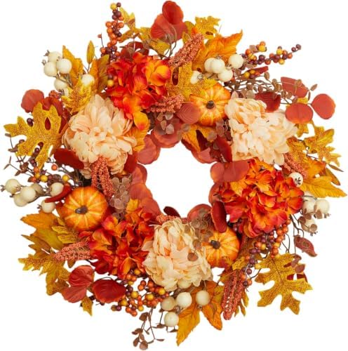 24 Inch Fall Wreath for Front Door, Artificial Autumn Leaves with Pumpkins by SunArtHome