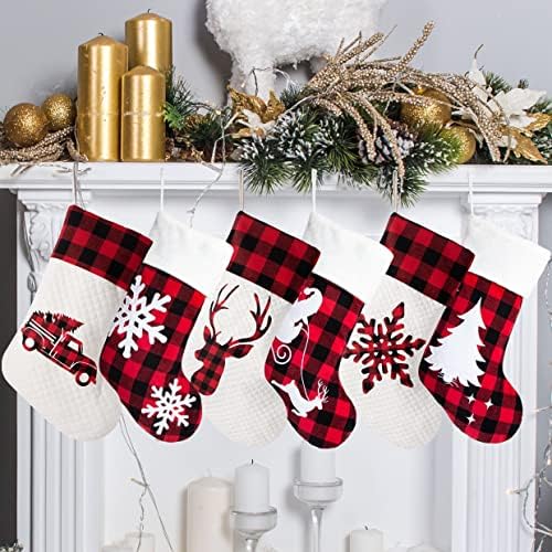 LUBOT Set of 6 Christmas Stocking(20inch) Silhouette Buffalo Red Plaid/Rustic/Farmhouse/Country Cotton Fireplace Hanging Xmas Stockings Decorations for Family Holiday Season Decor - Image 2