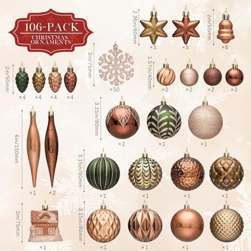 JORNOY 106Pcs Christmas Ornaments Set, Shatterproof Assorted Hanging Baubles Decorations Bulk for Christmas Tree Decorations Home Holiday Party Decor, Earth Tone - Image 4