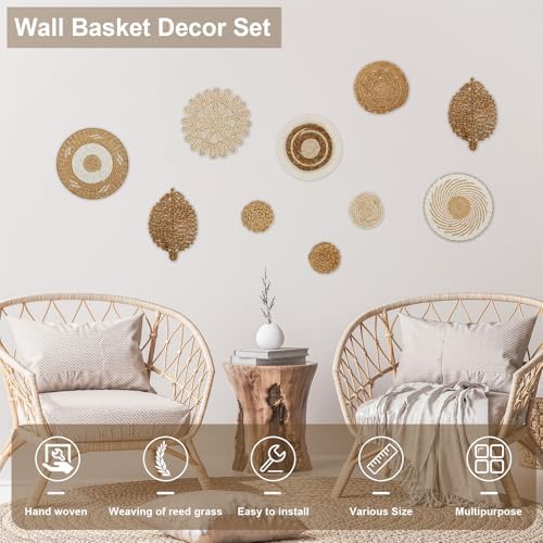 PoDhey 10 Pcs Boho Wall Basket Decor, Rattan Wicker Boho Wall Decor, Hanging Woven Basket Wall Decor, Round Handmade Wall Art for Living Room Bedroom Display Table Settings Home Christmas Decoration - Image 7