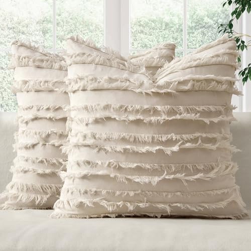 MIULEE Boho Linen Striped Throw Pillow Covers 20x20, Neutral Beige by MIULEE