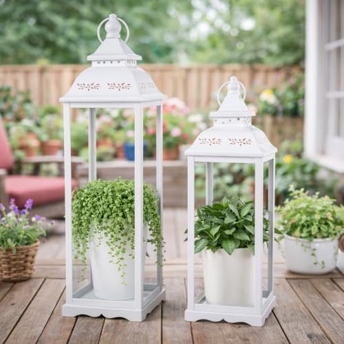 Decorative Candle Lanterns Set of 2, White Metal for Indoor & Outdoor - Image 4