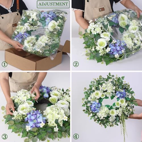 26" Fake Eucalyptus Hydrangea Flower Wreath for Front Door(White&Purple) - Image 5