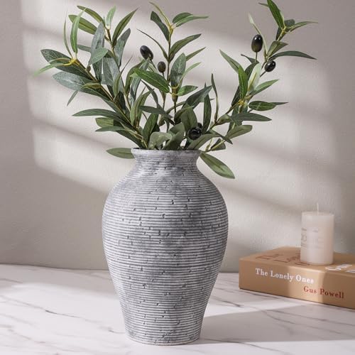 Ceramic Flower Vase Home Decor, 9 in Farmhouse Table Vases Rustic Vintage Living Room Kitchen Bedroom Pottery Decorative Vases for Flowers House Book Shelf Office Coffee Desk Dining Entryway, Grey - Image 2