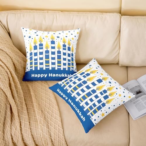 Erosebridal Hanukkah Throw Pillow Covers Christmas Menorah Stars Pillow Cases 24X24 Inch for Sofa Bed Couch,Watercolor Candle Lights Decorative Cushion Covers (Blue and White) 2Pcs - Image 2