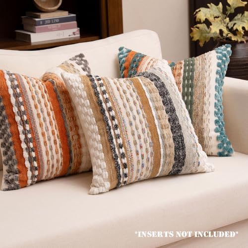 Boho Chenille Tufted Throw Pillow Covers 18x18 Inch Set of 2 Farmhouse Brown Woven Striped Decorative Pillowcases for Couch Sofa Bed - Image 2