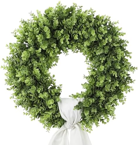 Boxwood Wreaths for Front Door Artificial Green Spring Summer Wreaths Farmhouse Door Hanger,Year Round Door Wreath Wedding and St Patricks Day Decorations Indoor Outside use- with Off White sash-20 by Vofuly
