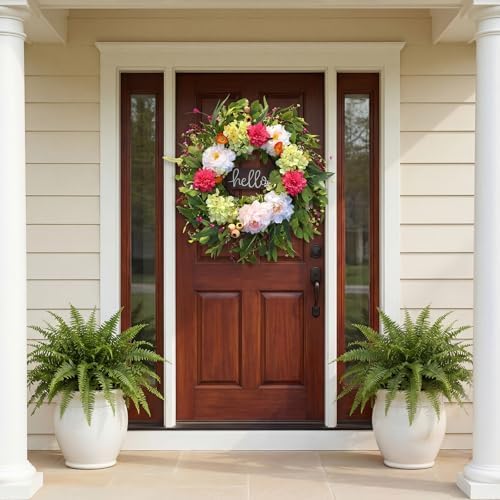 24" Summer Wreaths for Front Door with Hello Sign,Hydrangea Wreath with Pink Dahlia Flowers Eucalyptus.Summer Wreath for Front Door,Porch,Farmhouse,Wall,Window Indoor Outdoor Decor - Image 2