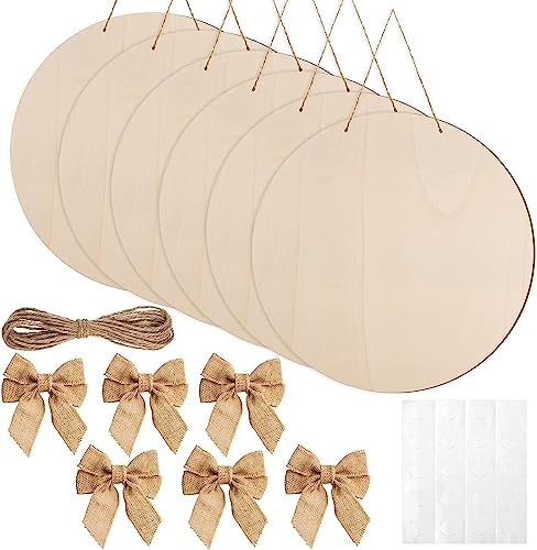 12 Pcs 14 Inch Wood Circles for Crafts Unfinished Wooden Slice Blank Round Wood Door Hanger Sign Round Wooden Discs with Bows,Twine, Glue Point for DIY Craft Christmas Home Holiday Decor,5 mm Thick by AWIZOM
