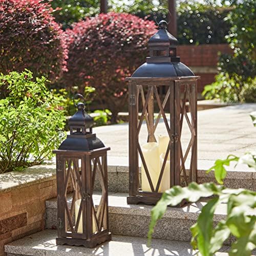 Glitzhome Farmhouse Lanterns Decorative Indoor, 2 Pack Wood/Metal Decorative Candle Lanterns, Vintage Lantern Decor Large Floor Lanterns for Home Decor, Brown (No Glass) by Glitzhome