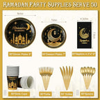 Ramadan Party Supplies Decorations for Home Serve 50, Eid Mubarak Ramadan Black and Gold Plates and Napkins Set, Disposable Paper Plates Napkins Cups Knives Spoons Forks for Ramadan Party Decorations - Image 2